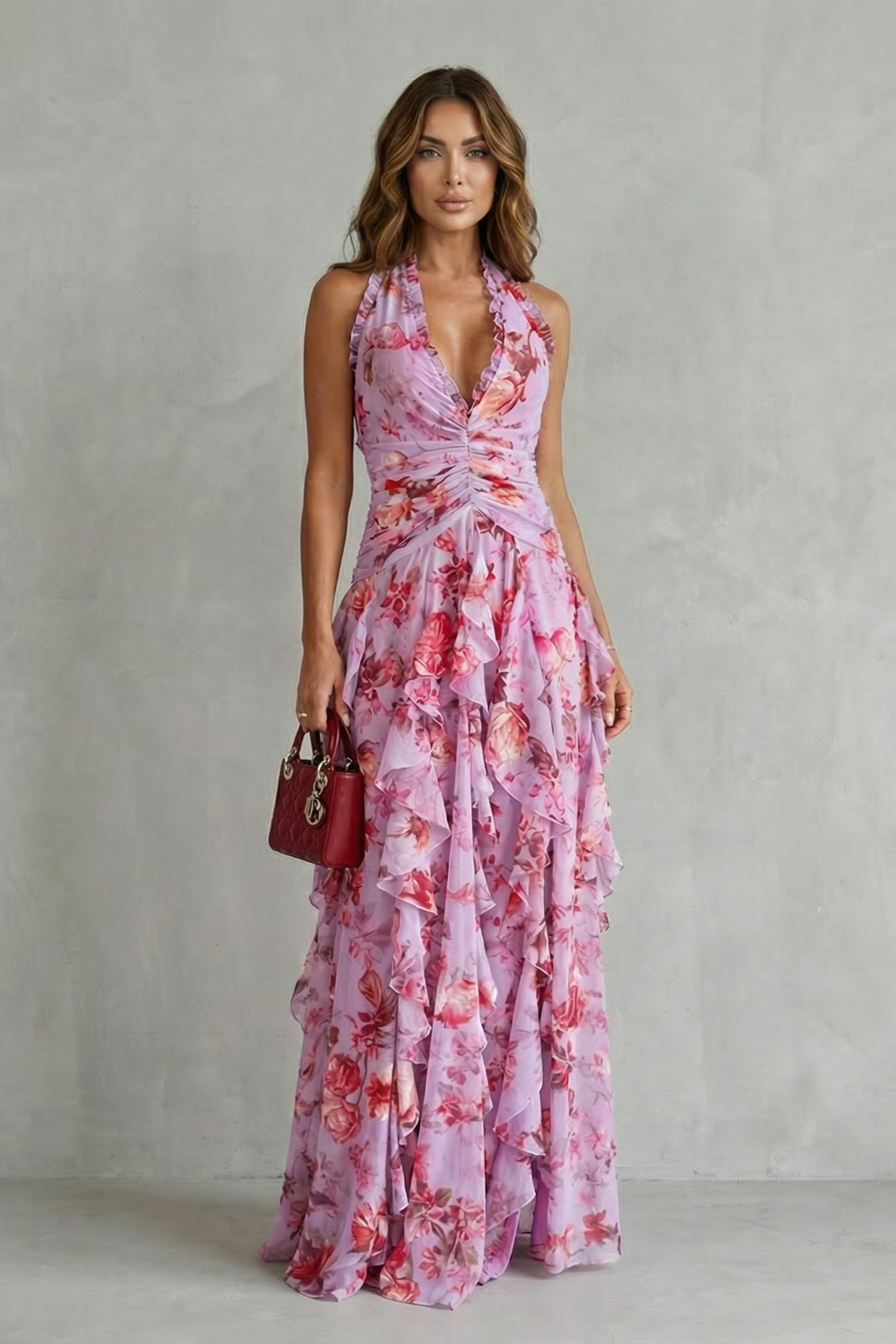 Valentina | Rochie maxi florală cu volane în cascadă