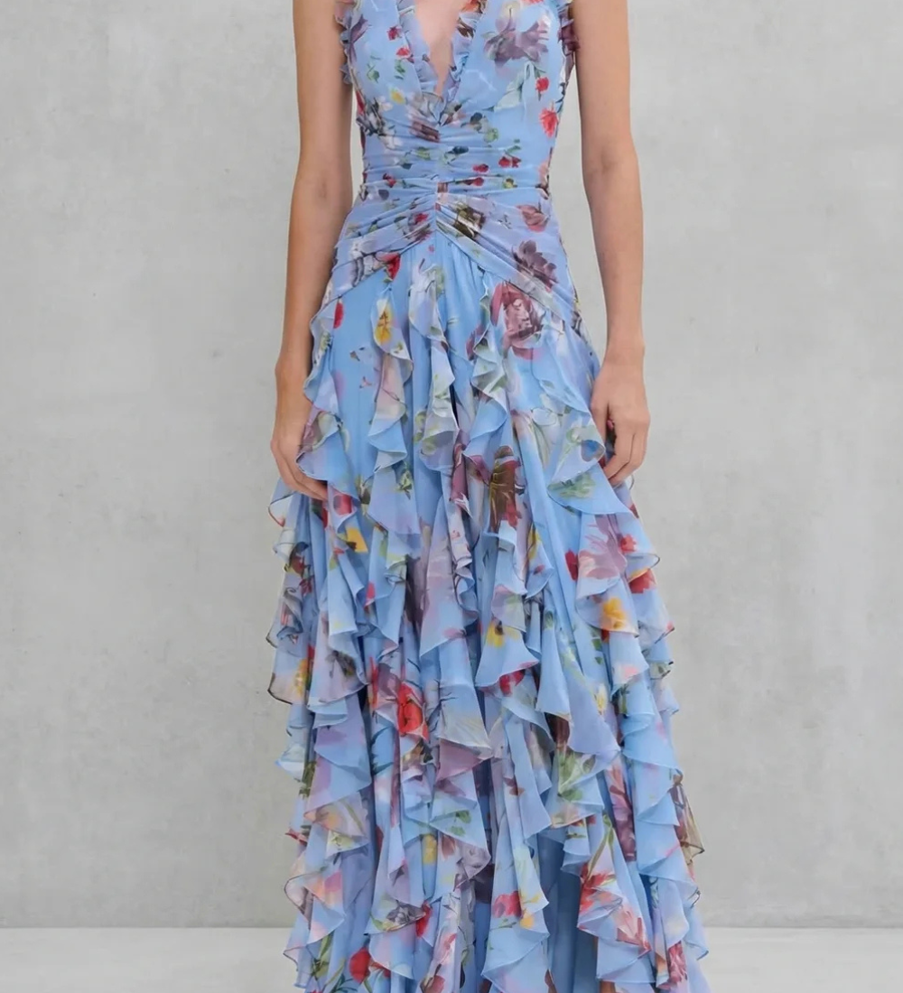 Valentina | Rochie maxi florală cu volane în cascadă