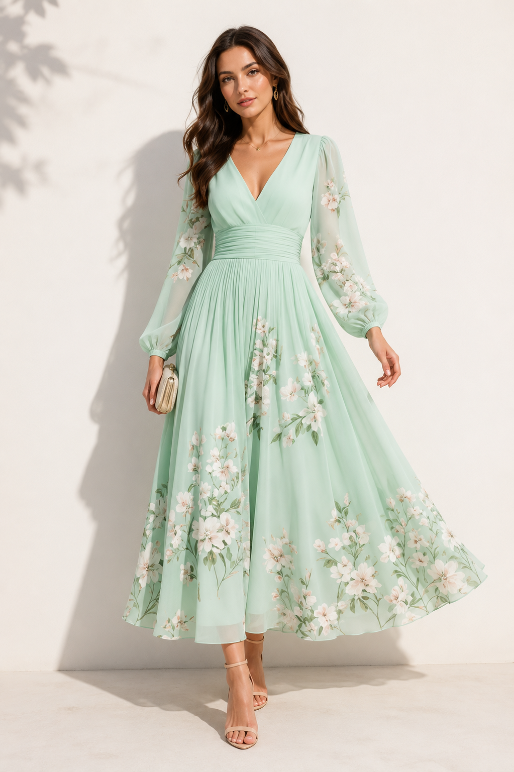 Irina | Rochie midi verde mentă cu imprimeu floral