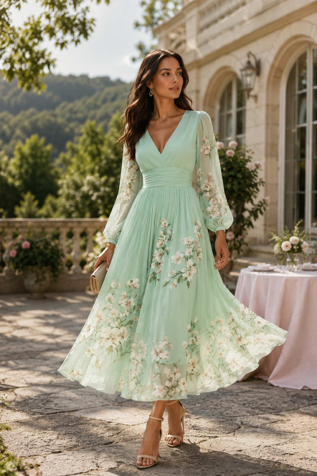 Irina | Rochie midi verde mentă cu imprimeu floral